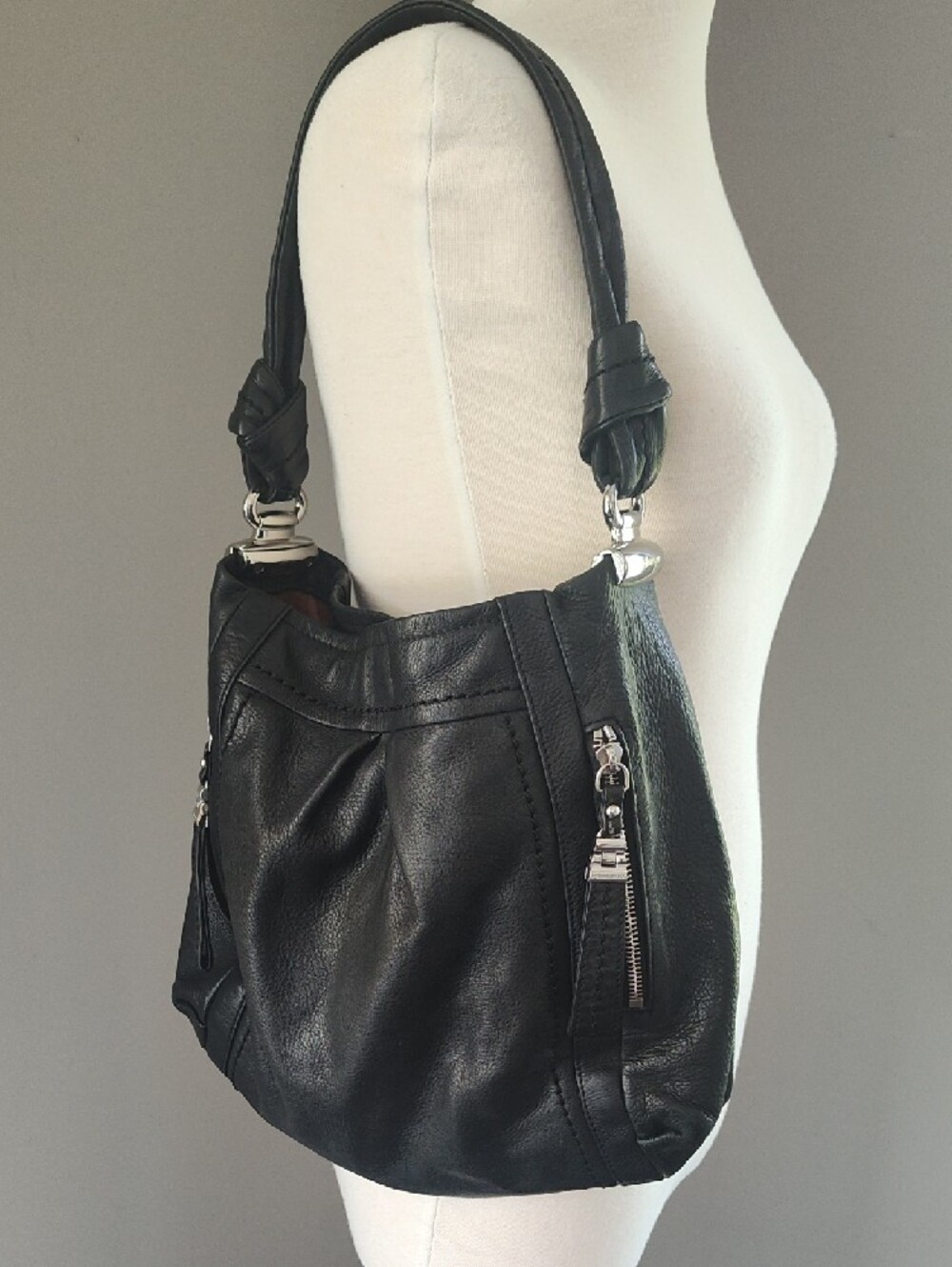 B. Makowsky Black Leather Shoulder Bag with Silver Accents And Multiple Pockets